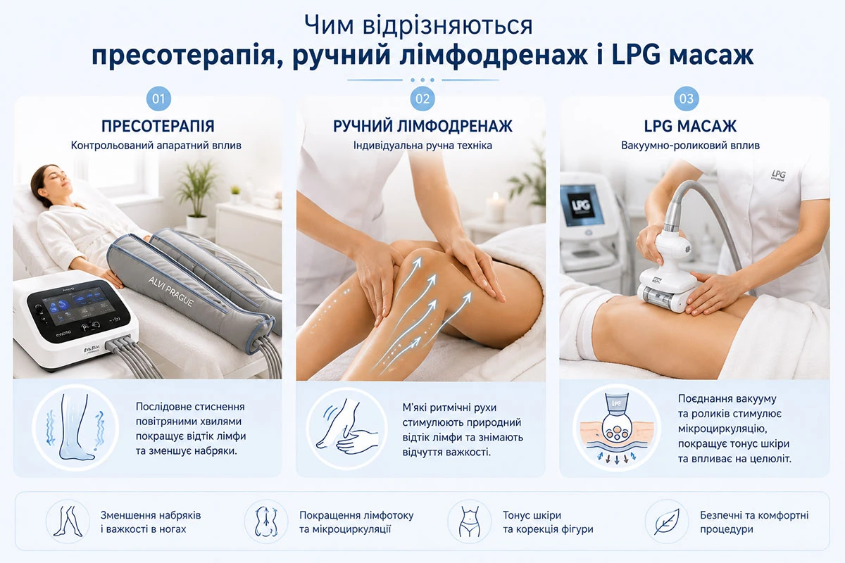 чем отличаются прессотерапия, ручной лимфодренаж и LPG-массаж