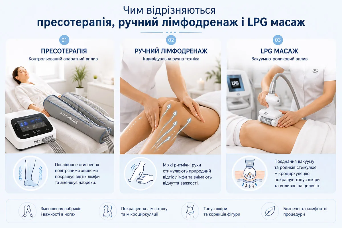 чим відрізняються пресотерапія, ручний лімфодренаж і LPG масаж